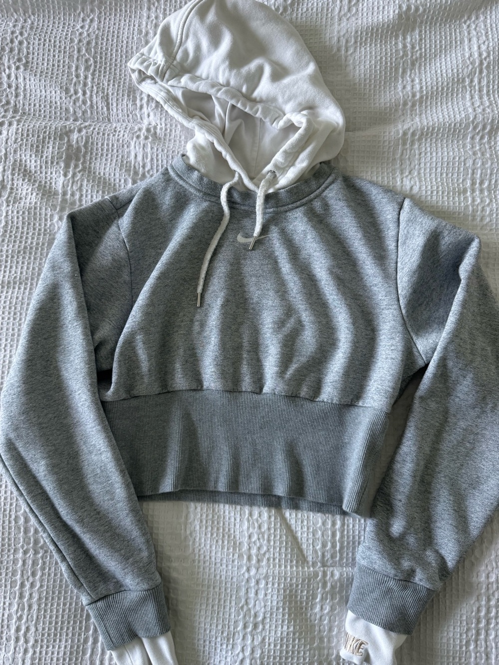 Nike Cropped Gray Hoodie with White Hood & Cuffs